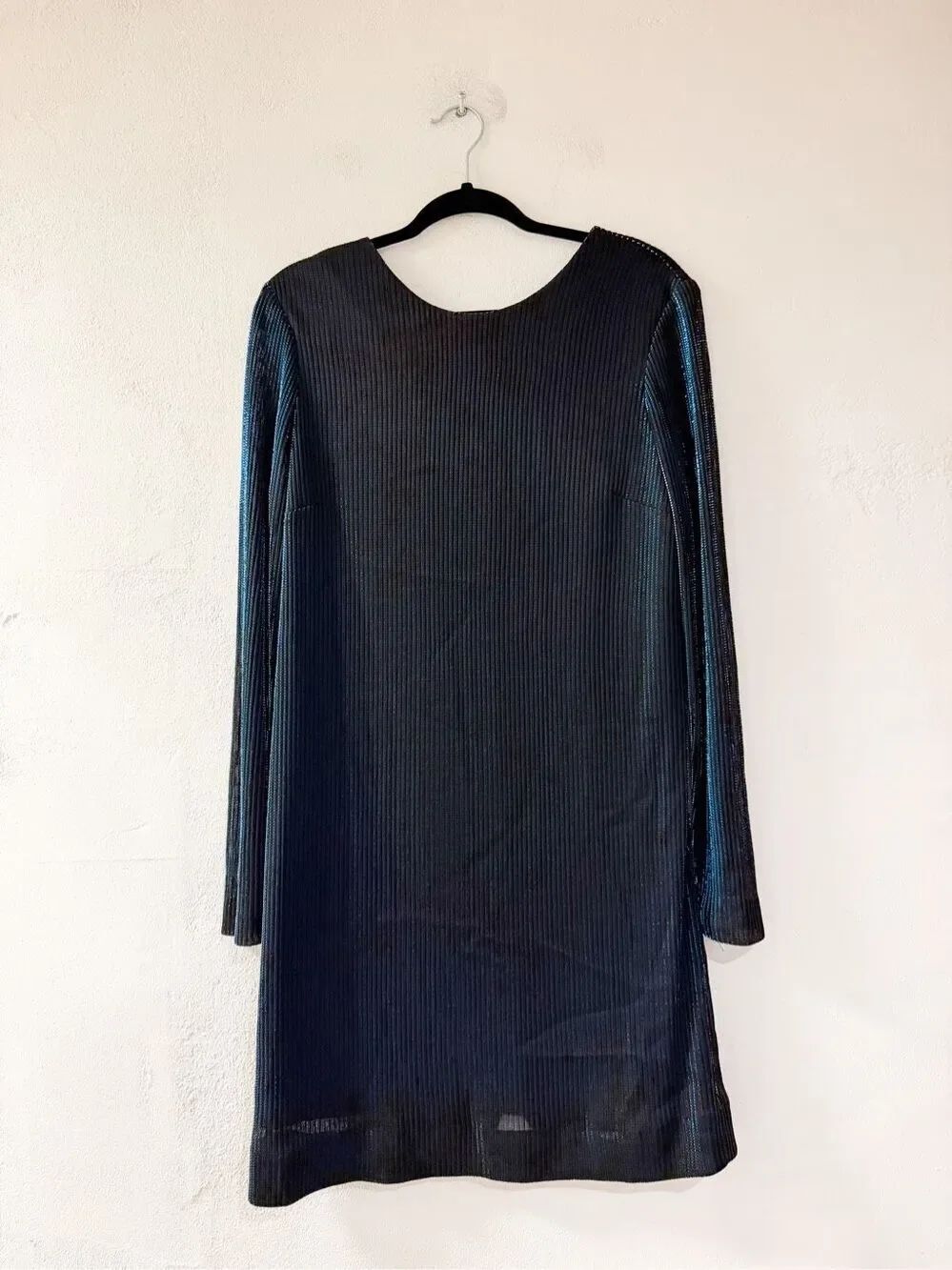 Kenzo Paris Metallic Ribbed Long Sleeve Short Dress in Blue Black Size 40